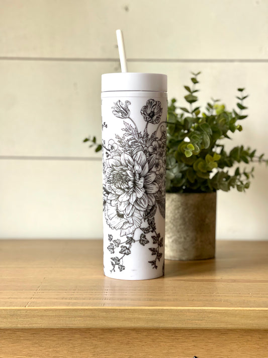 Botanical Flower Personalized Skinny Tumbler with Lid and Straw, 16 oz Matte Black Acrylic Tumbler Insulated Double Wall Plastic Reusable Cups
