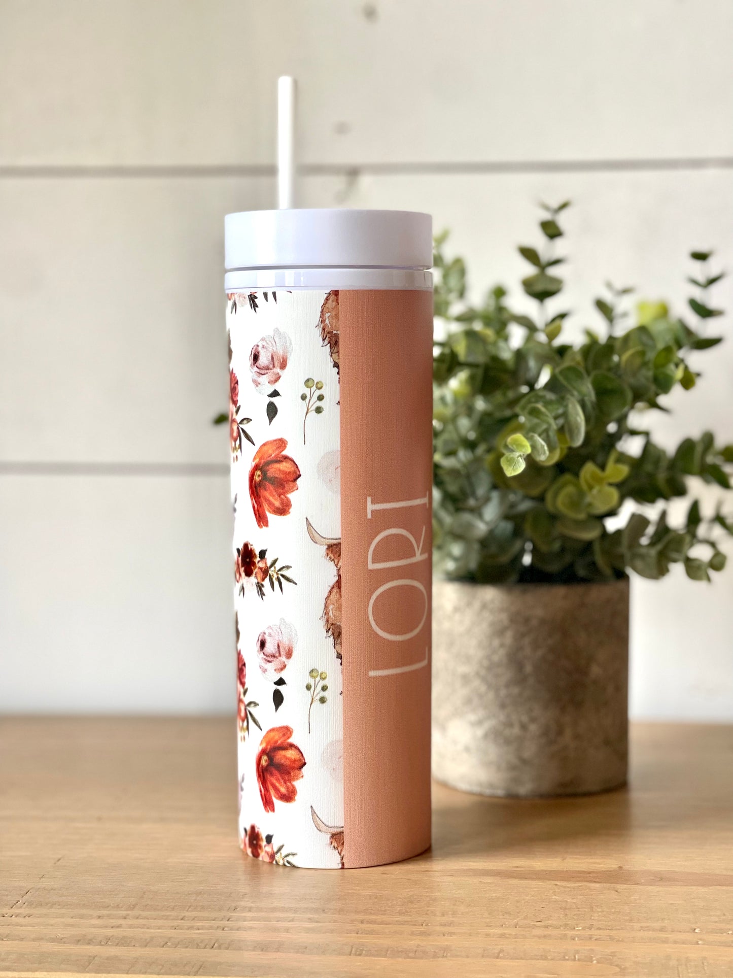 Watercolor Highland Cow Flower Personalized Skinny Tumbler with Lid and Straw, 16 oz Matte Black Acrylic Tumbler Insulated Double Wall Plastic Reusable Cups
