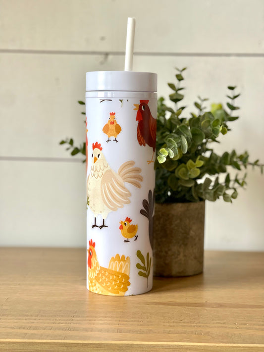 Cute Chicken Personalized Skinny Tumbler with Lid and Straw, 16 oz Matte Black Acrylic Tumbler Insulated Double Wall Plastic Reusable Cups