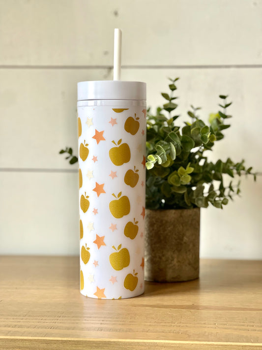 Gold Apple Star Teacher Personalized Skinny Tumbler with Lid and Straw, 16 oz Matte Black Acrylic Tumbler Insulated Double Wall Plastic Reusable Cups