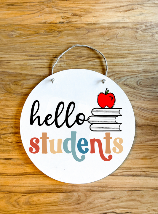 Hello Grade Level Colorful retro Wood Circle Teacher Name Sign