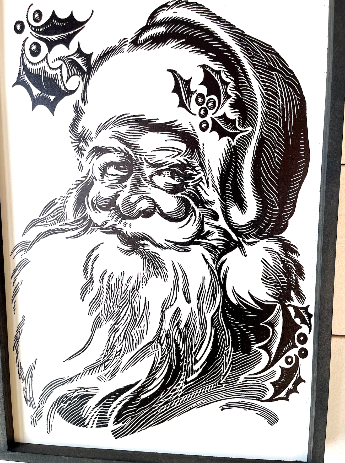 Traditional black and white santa claus christmas wood sign