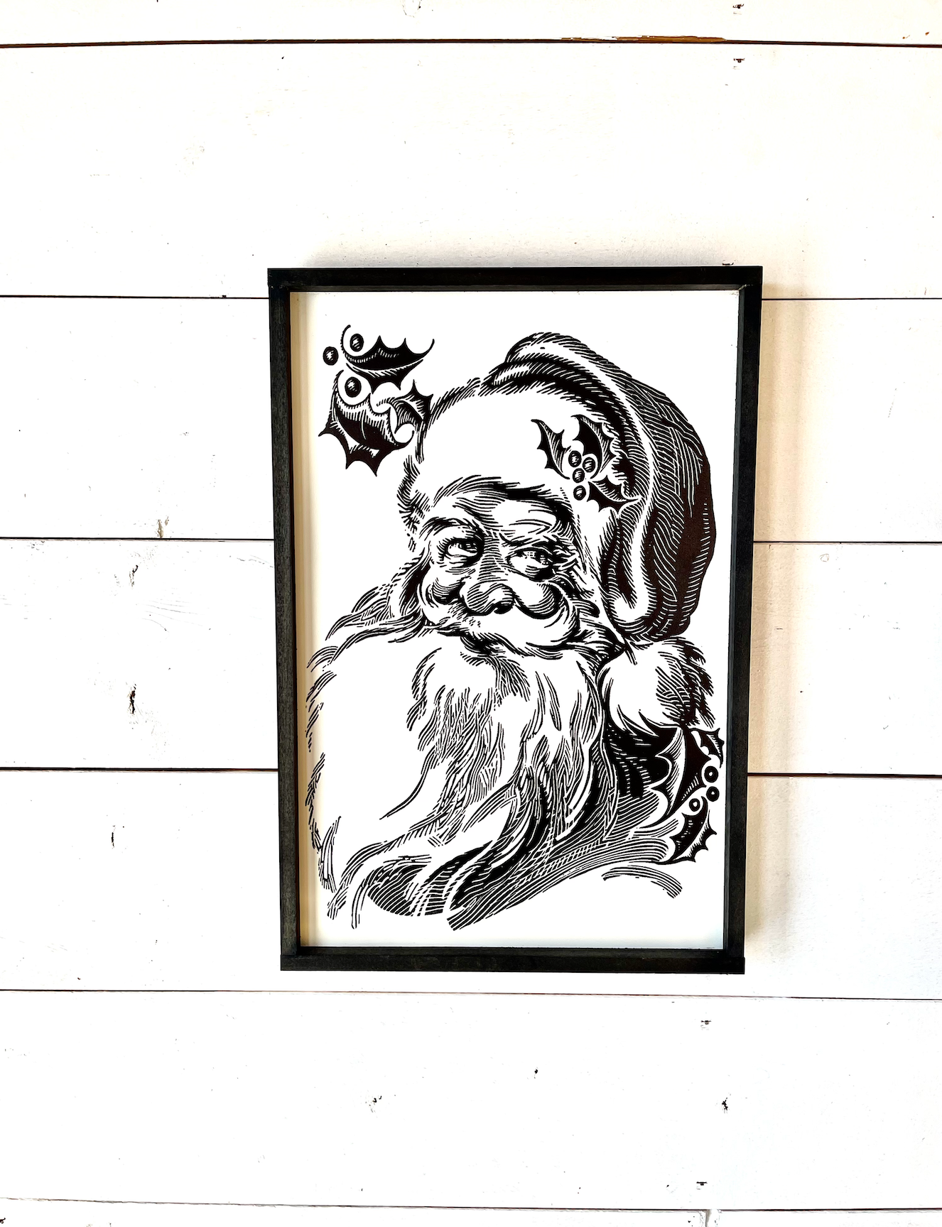 Traditional black and white santa claus christmas wood sign