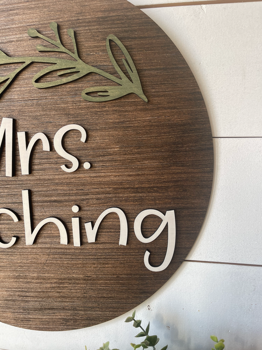 Teacher Wreath Leaves 3D Raised Letter wood circle sign