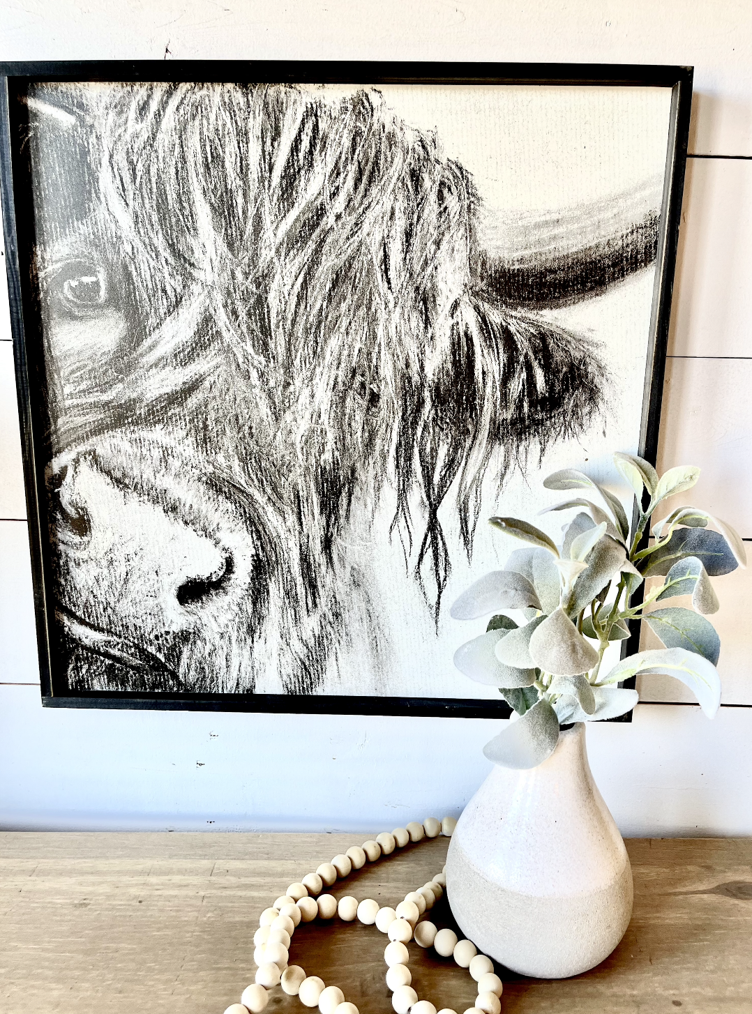 Cow Nose Drawing of Highland Cow Black and White Highland Cow fluffy farmhouse wood sign