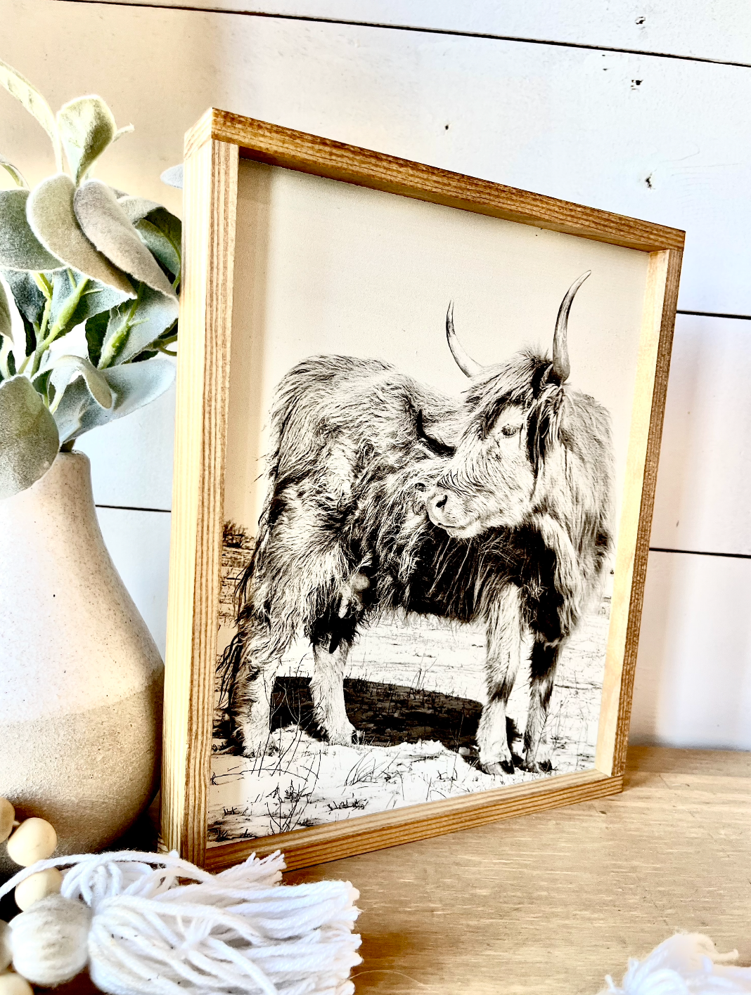 Lola Looking Back Highland Cow Black and White Highland Cow fluffy farmhouse wood sign