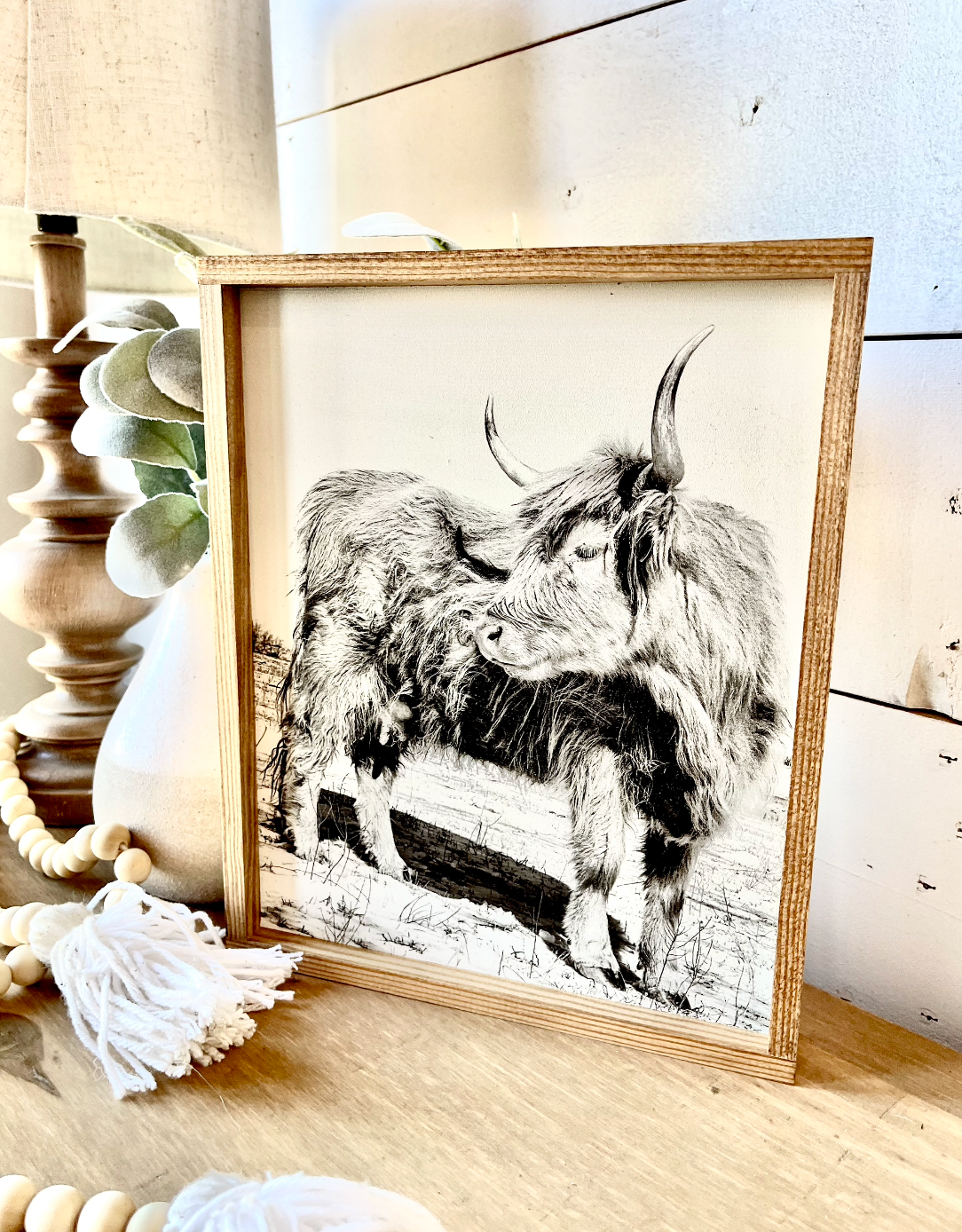 Lola Looking Back Highland Cow Black and White Highland Cow fluffy farmhouse wood sign
