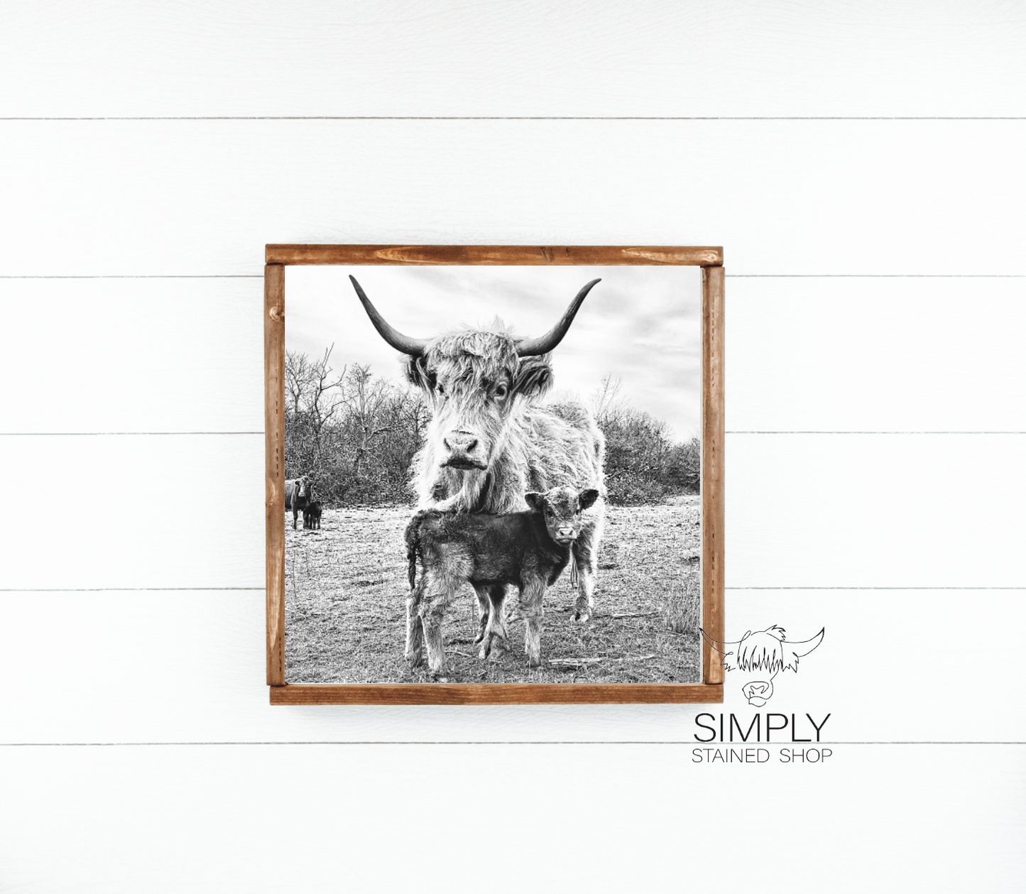 Lola and calf black and white new farm animal fluffy highland cow sign