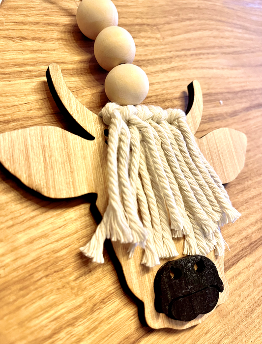 boho macrame highland cow fluffy tassleCar Charm Review Mirror wood sign Hanging Tag Bead Active