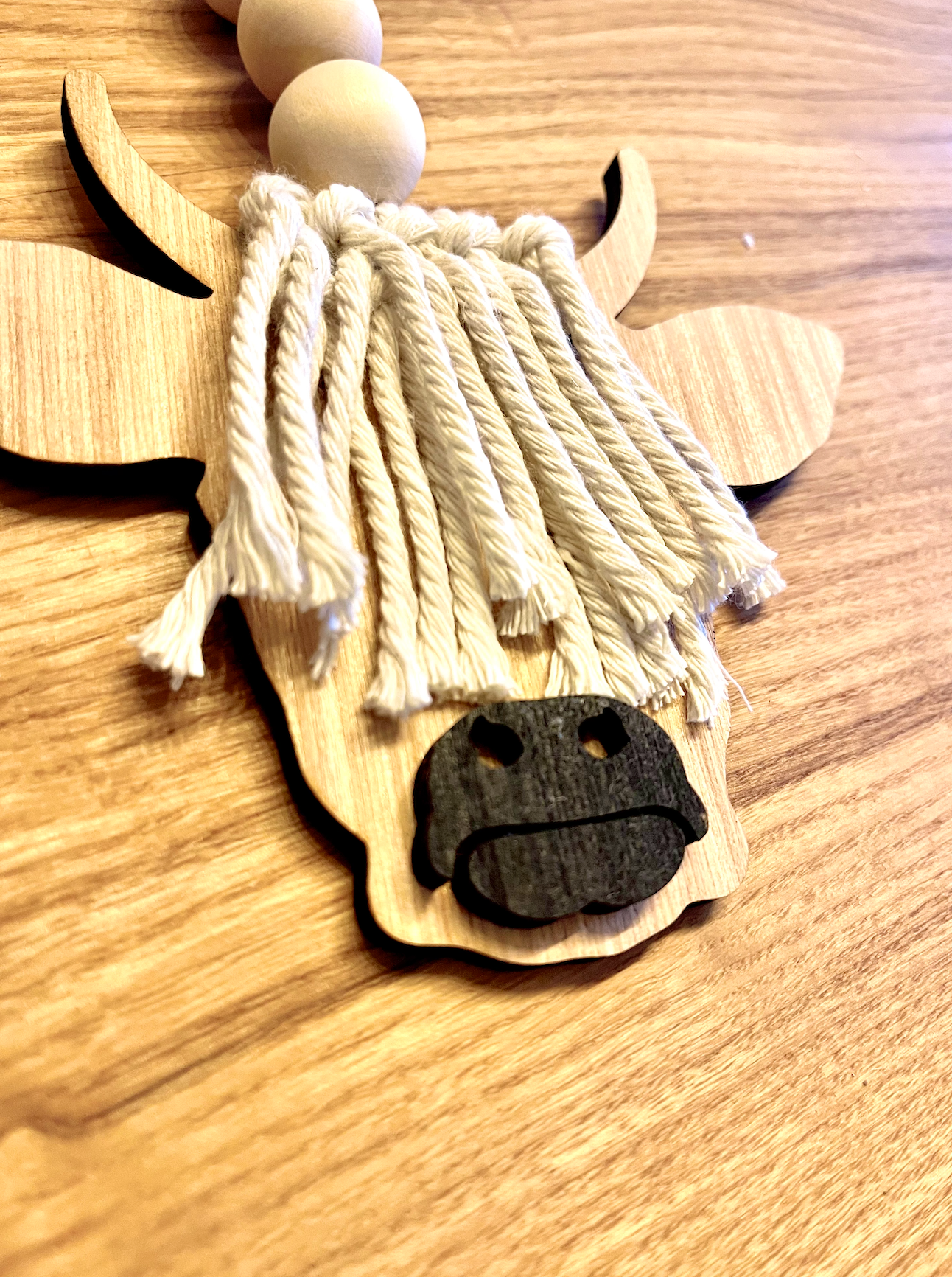 boho macrame highland cow fluffy tassleCar Charm Review Mirror wood sign Hanging Tag Bead Active