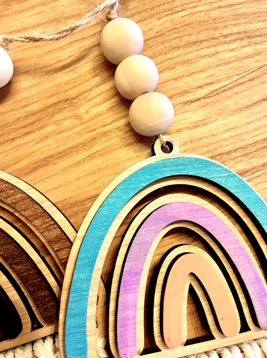 boho macrame rainbow tassle Car Charm Review Mirror wood sign Hanging Tag Bead Active