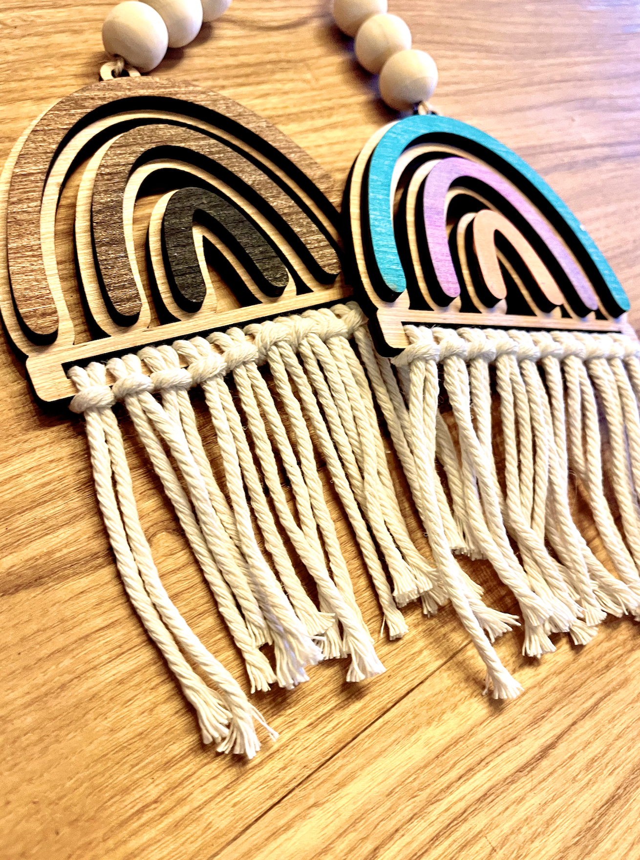 boho macrame rainbow tassle Car Charm Review Mirror wood sign Hanging Tag Bead Active