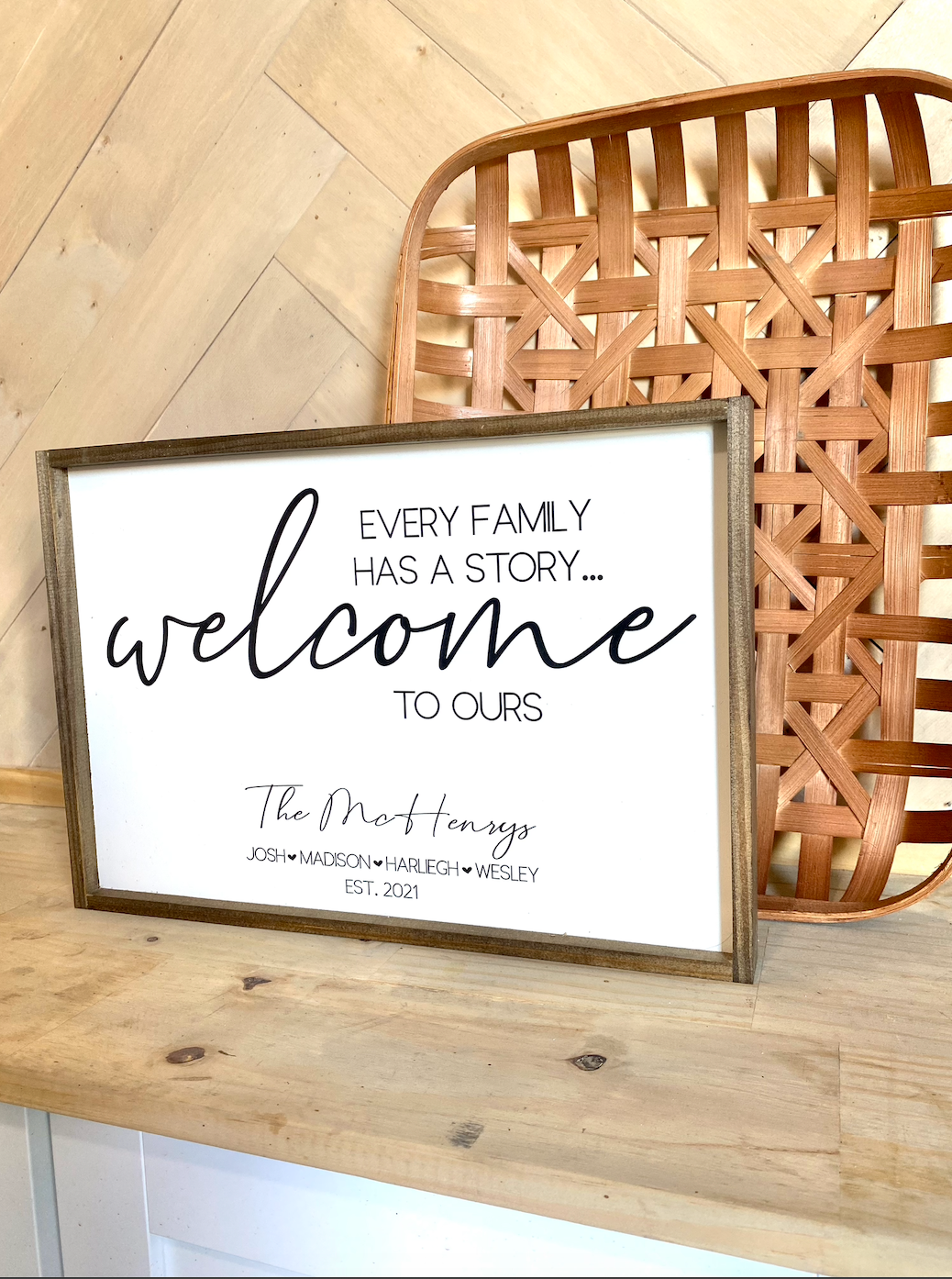 Every family has a story welcome to ours last name family farmhouse cursive family wood sign