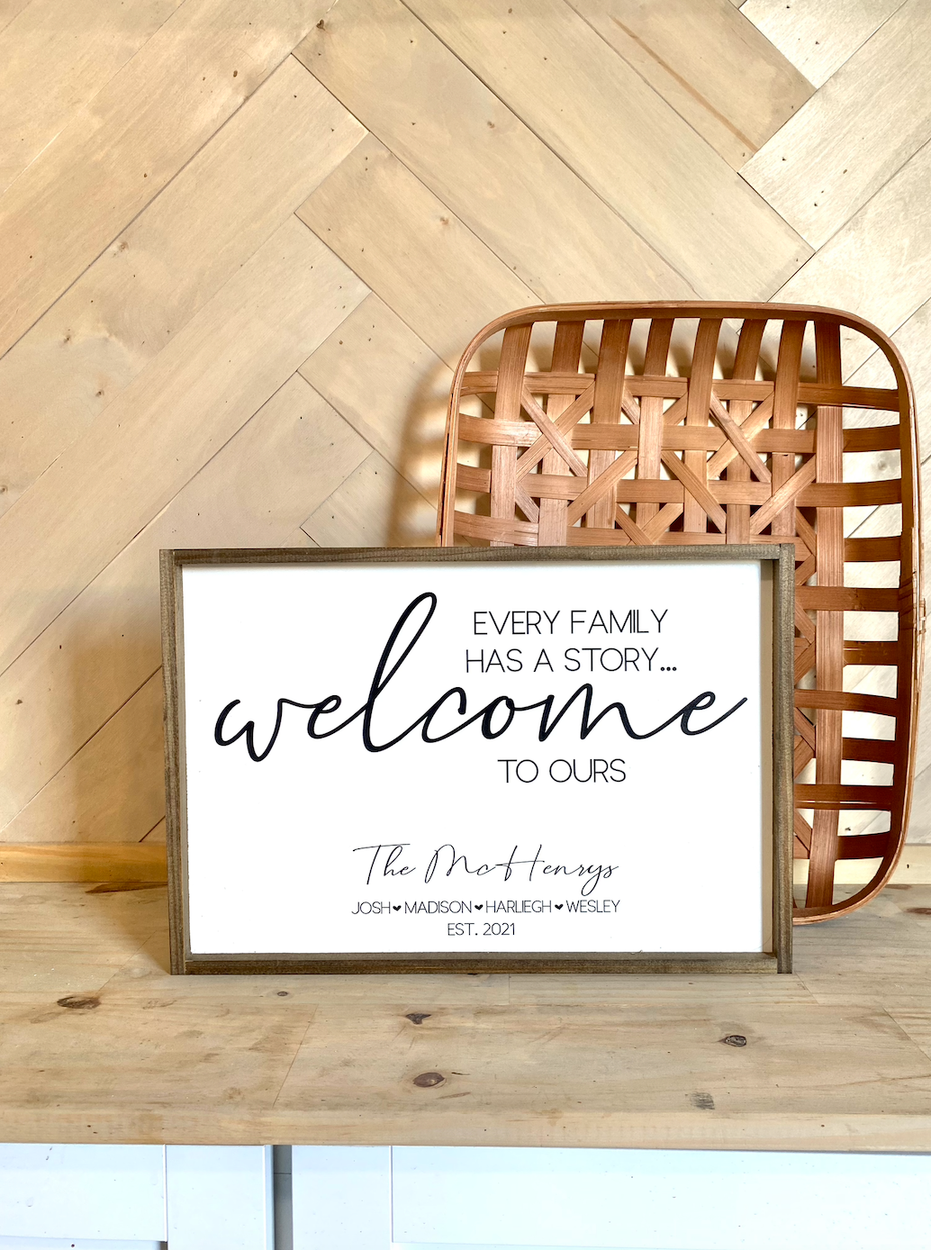 Every family has a story welcome to ours last name family farmhouse cursive family wood sign