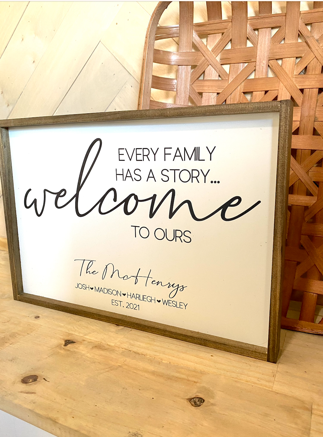 Every family has a story welcome to ours last name family farmhouse cursive family wood sign