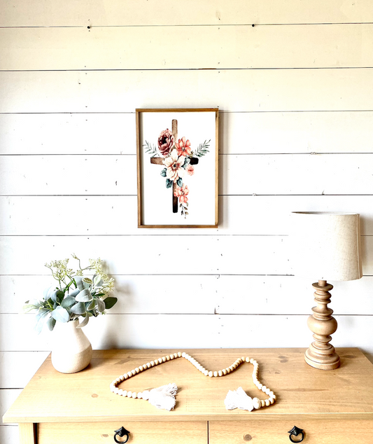 Cross with bold color flowers wood sign easter 23