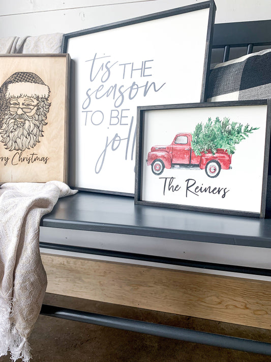 Watercolor Red Truck Personalized Custom Name Christmas Wood Sign