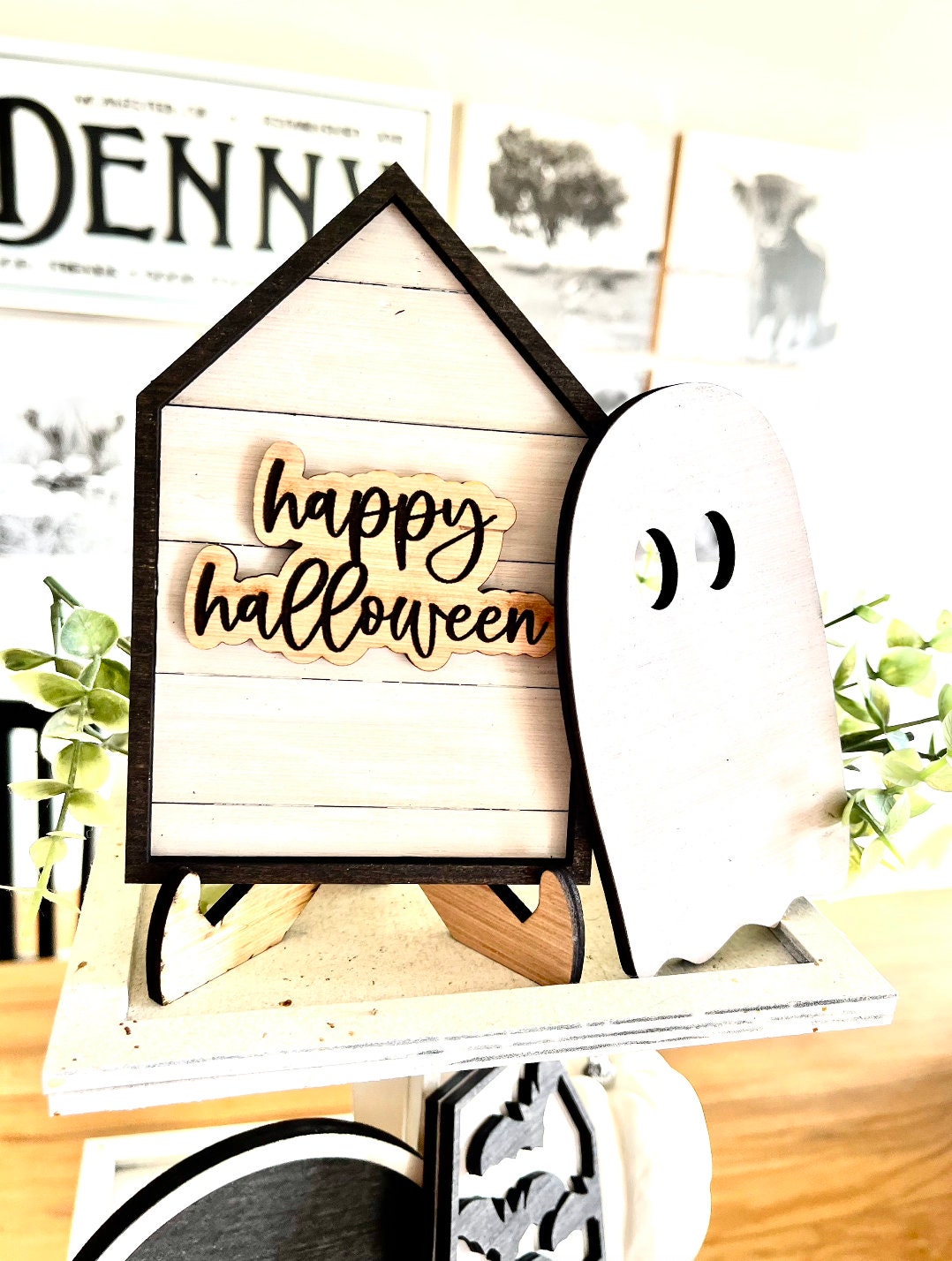 Halloween Boo Neutral Black and White 3d Laser Farmhouse Seasonal Tiered Tray