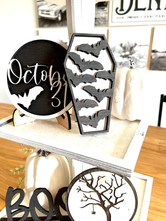 Halloween Boo Neutral Black and White 3d Laser Farmhouse Seasonal Tiered Tray