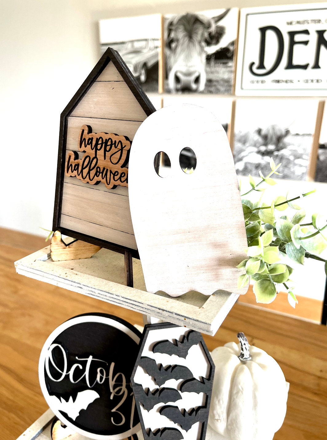 Halloween Boo Neutral Black and White 3d Laser Farmhouse Seasonal Tiered Tray