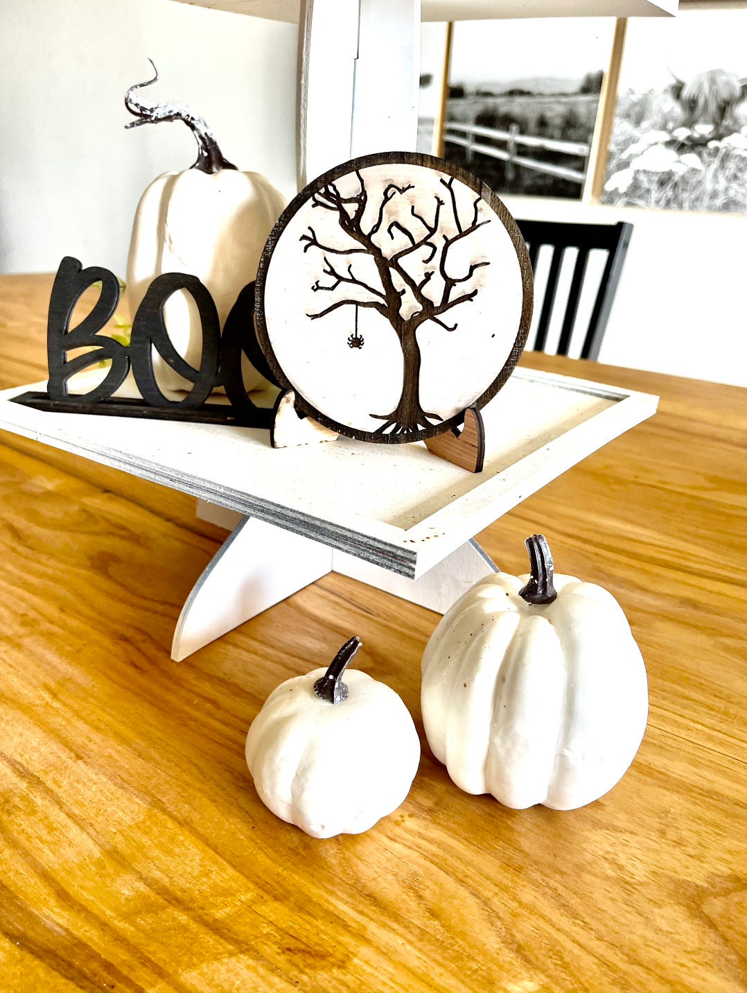 Halloween Boo Neutral Black and White 3d Laser Farmhouse Seasonal Tiered Tray