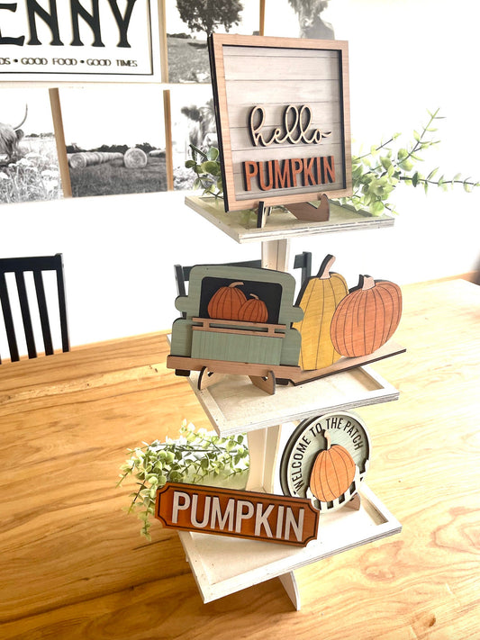 Pumpkin Patch Fall Blue Truck 3d Laser Farmhouse Seasonal Tiered Tray