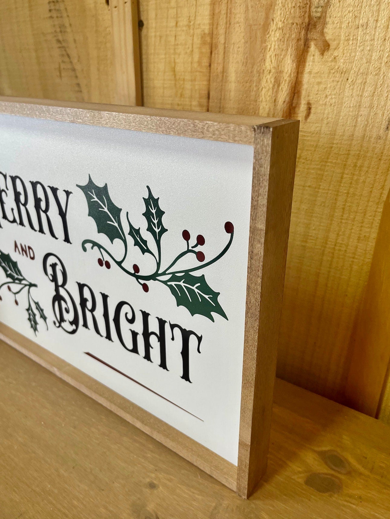 Old Fashion Traditional Merry and Bright Red and Green Holly christmas wood sign
