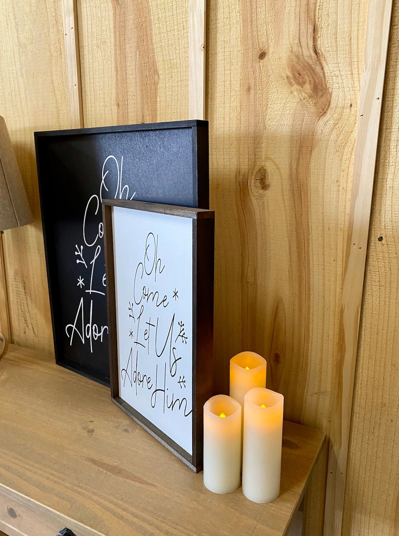 oh come let us adore him christmas tree shaped wood sign