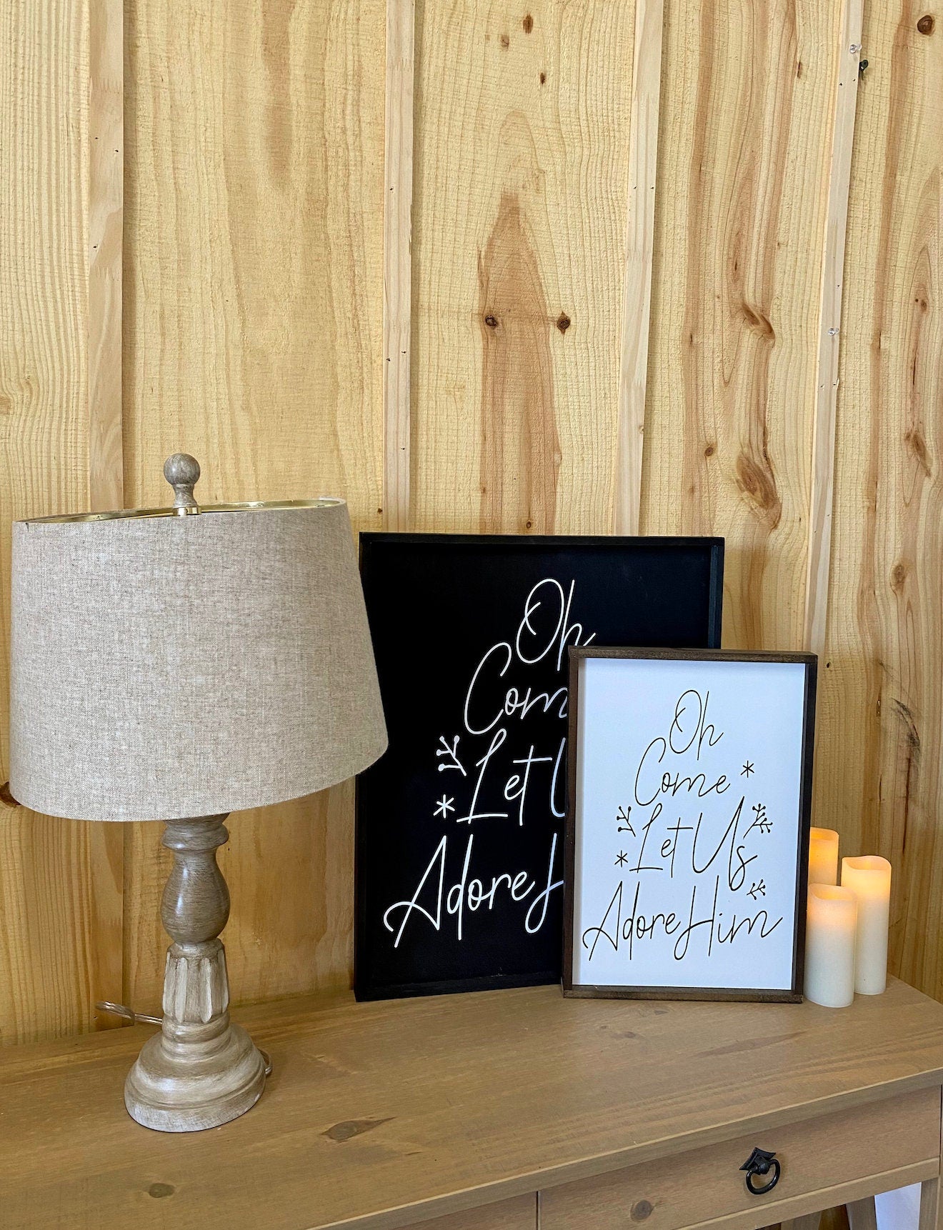 oh come let us adore him christmas tree shaped wood sign