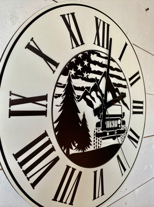Roman Numeral Off Road Jeep American Flag Wood Clock; Raised numbers