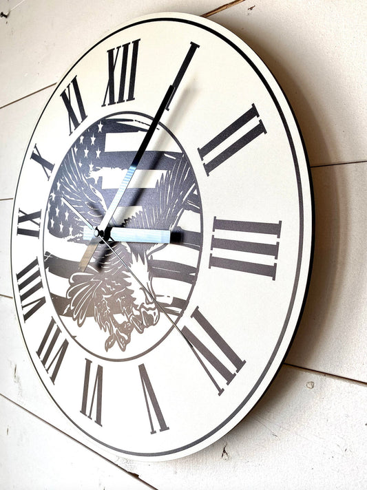 Roman Numeral Bald Eagle American Flag Wood Clock patriot