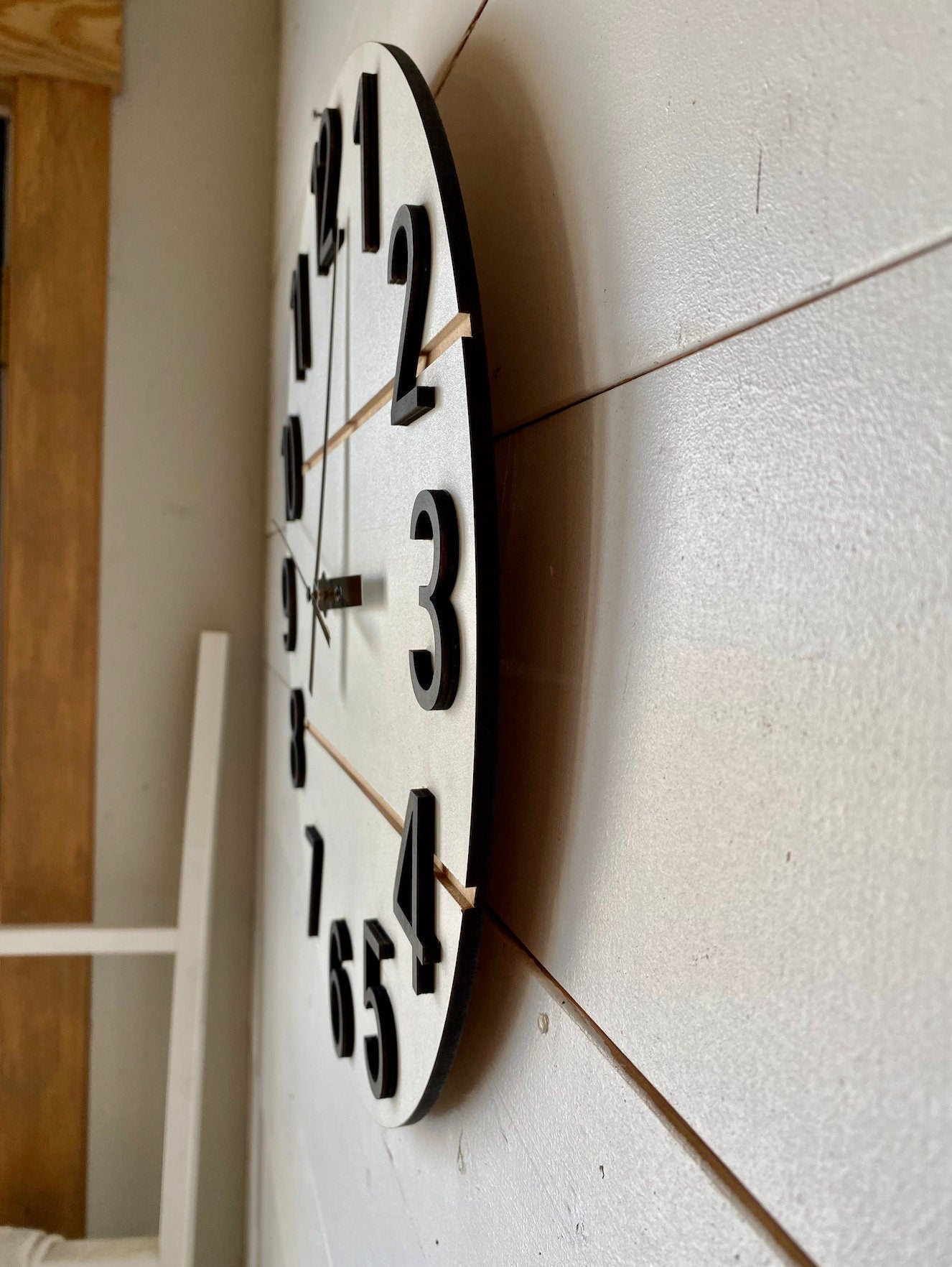 White shiplap raised numbers Wood Clock