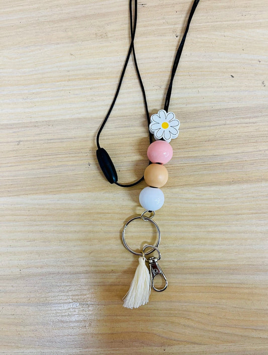 daisy neutral pink retro Teacher Nurse Keychain Lanyard Farmhouse Bead Tassel acrylic
