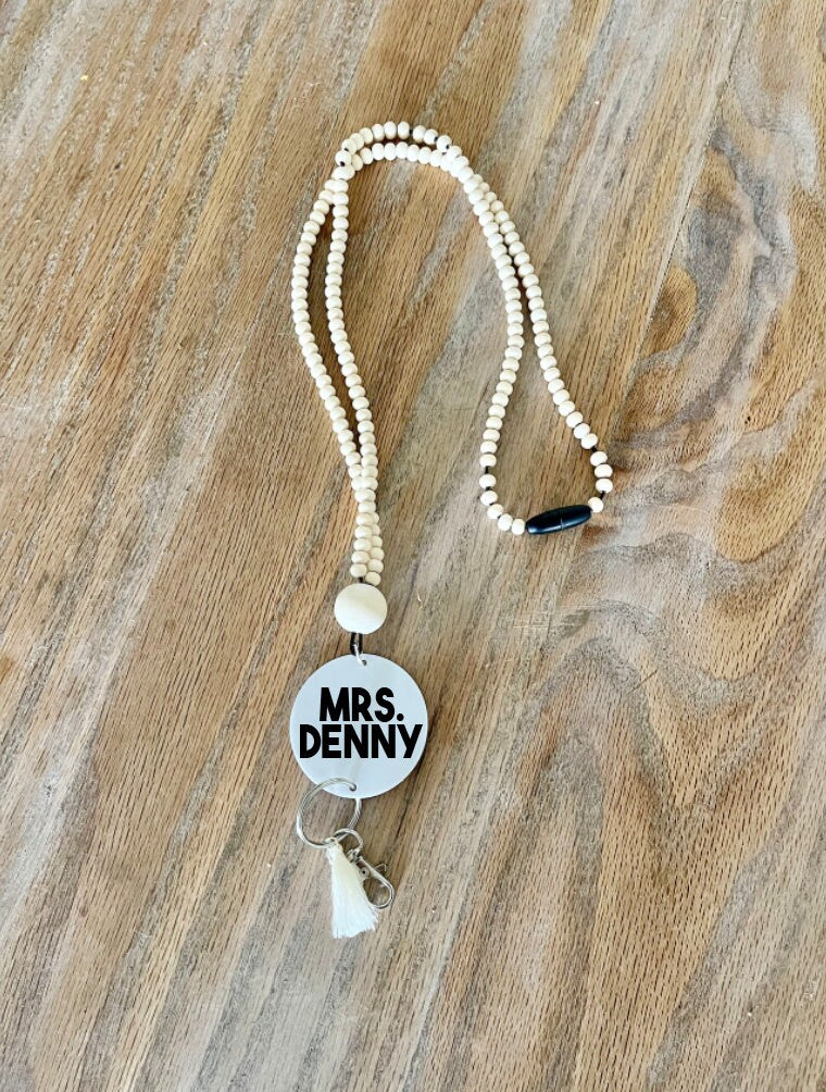 wood beaded personalized custom Teacher Nurse Keychain Lanyard Farmhouse Bead Tassel acrylic