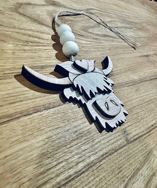highland cow 3d cut out wooden bead car charm accessory