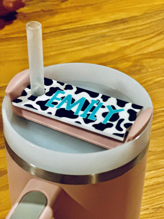 Custom Cow Print Pencil Stanley Quencher V2 Tumbler Lid Name Tag 20/30oz or 40 oz insulated Name Topper Personalized Acrylic mug Rectangle