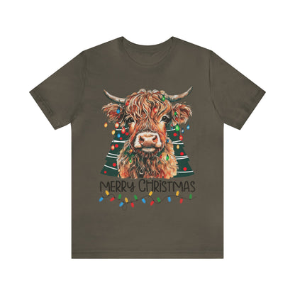 Merry Christmas Highland Cow Christmas Lights Tree Unisex Jersey Short Sleeve Tee