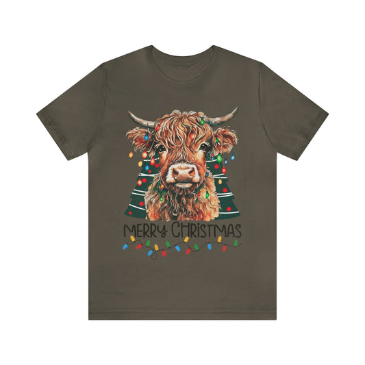 Merry Christmas Highland Cow Christmas Lights Tree Unisex Jersey Short Sleeve Tee