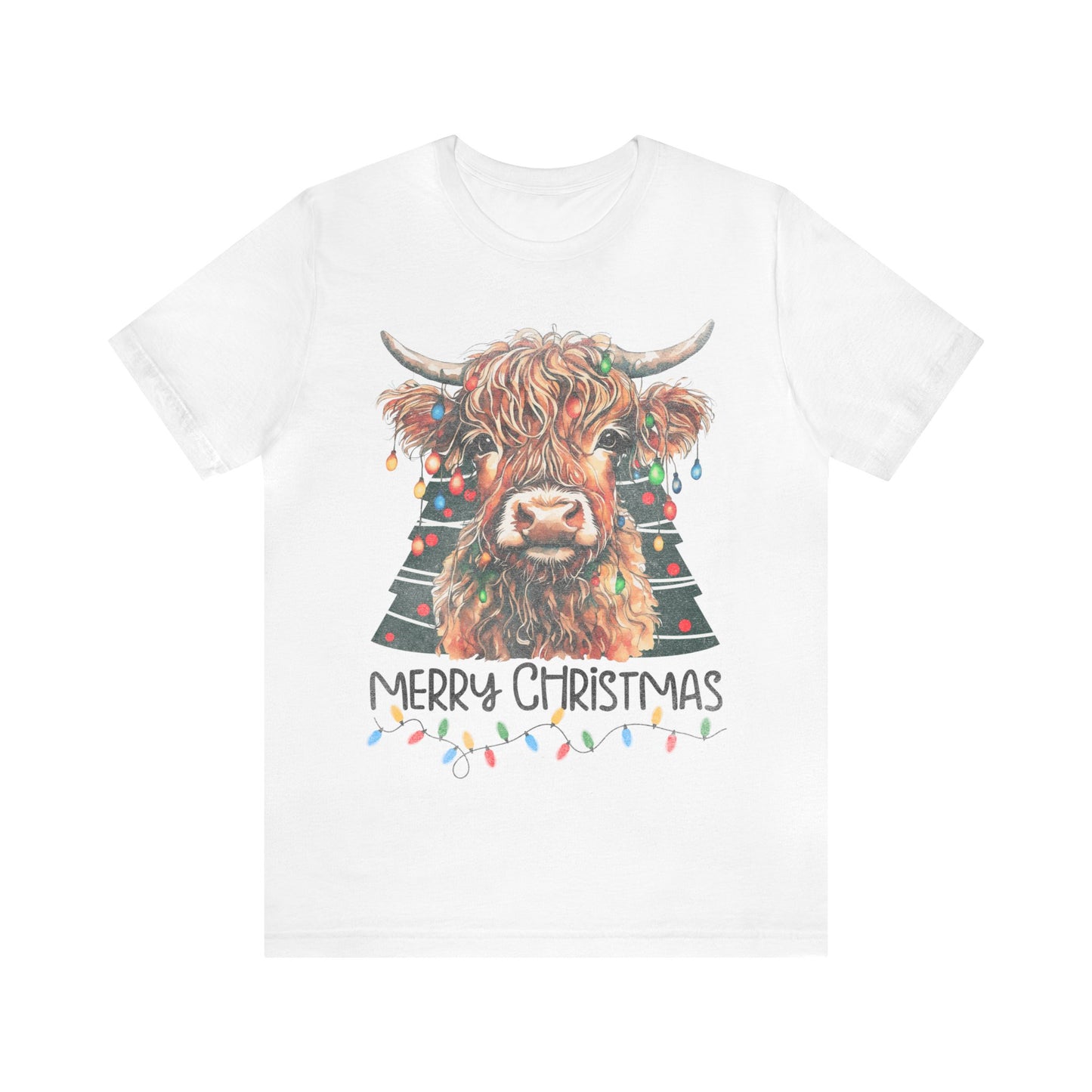 Merry Christmas Highland Cow Christmas Lights Tree Unisex Jersey Short Sleeve Tee