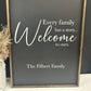 Every family has a story welcome to ours last name family wood sign