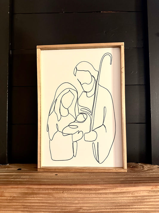 Line Art Mary and Joseph Jesus christmas wood sign