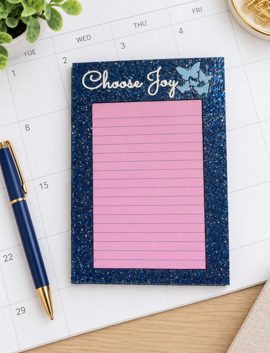 Personalized 4 x 6 acrylic sticky note holder, shown in dark blue glitter with pink lined pad