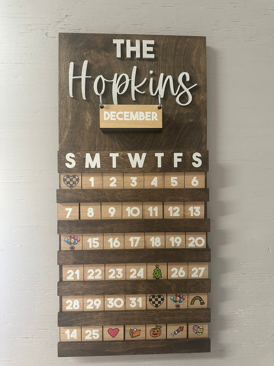 Farmhouse-Style Perpetual Family Calendar – Custom Name, Baltic Birch, UV-Printed 3D Icons