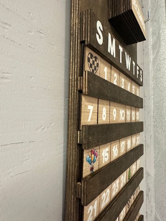 Farmhouse-Style Perpetual Family Calendar – Custom Name, Baltic Birch, UV-Printed 3D Icons