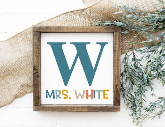 Custom personalized monogram boho neutral retroLast Name wood classroom sign