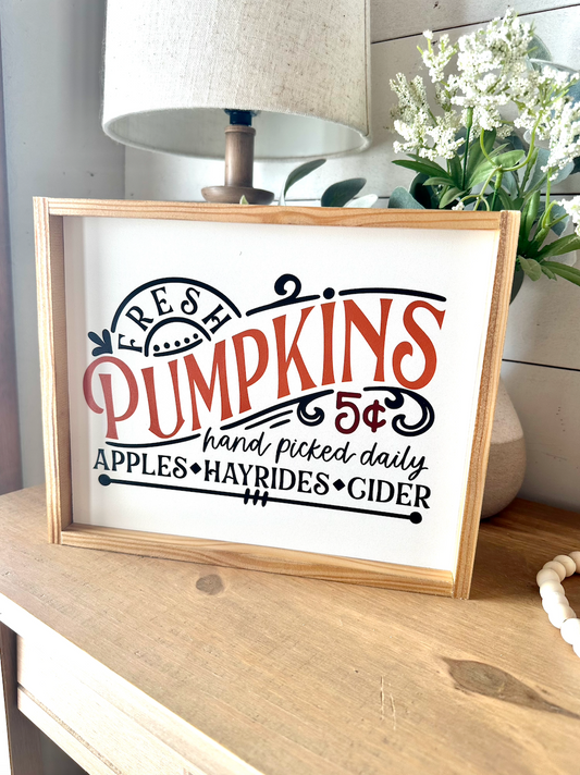 Fresh pumpkins hand picked new fall wood sign