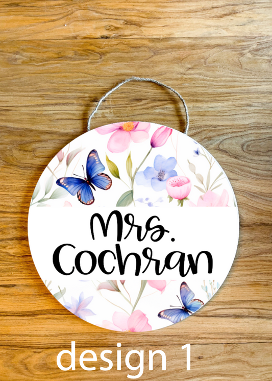Watercolor Floral Butterfly Personalized Custom Teacher Name Spring Classroom Wood Sign