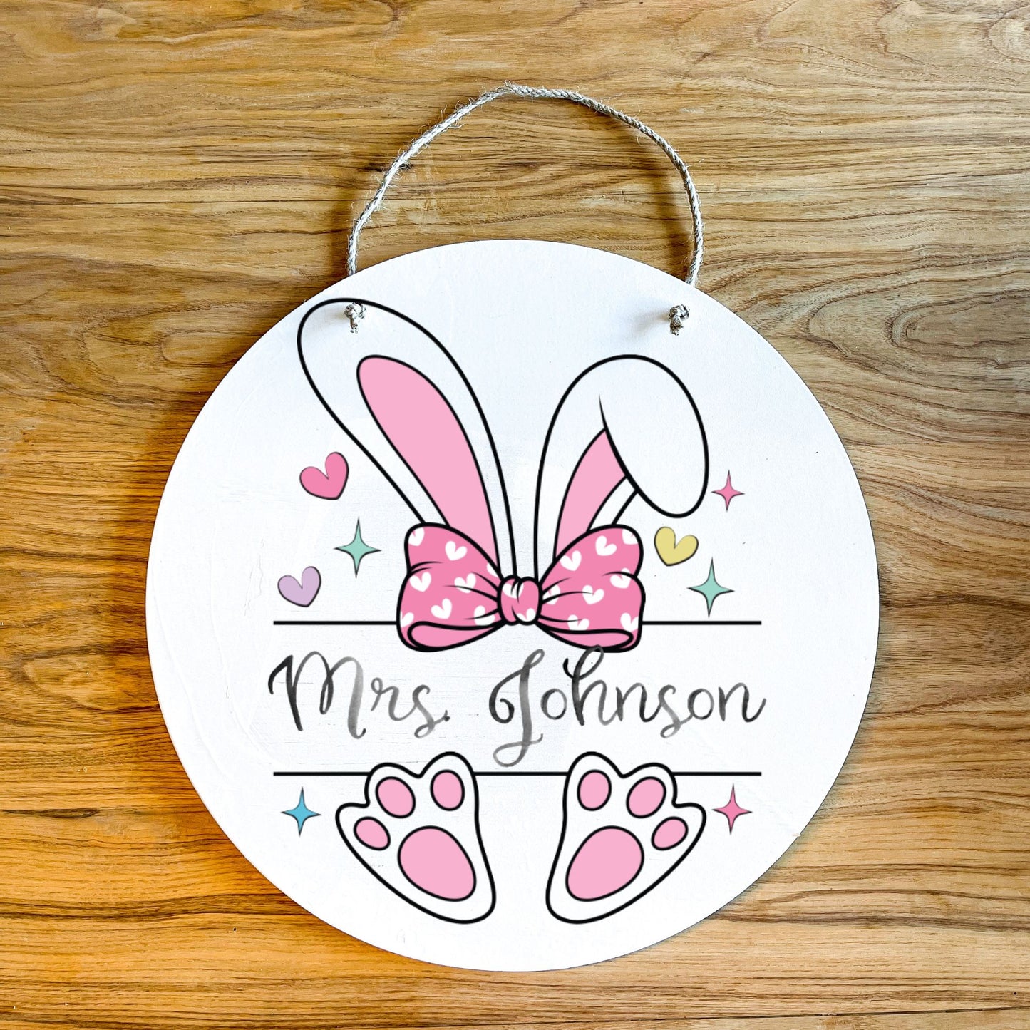 Personalized Easter Bunny Circle Sign | Custom Teacher Name Door Hanger | Cute Classroom Spring Decor