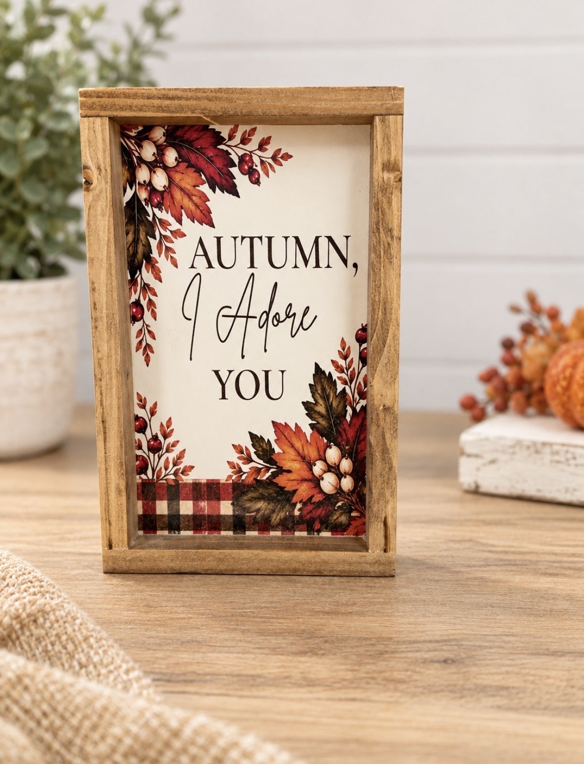 Autumn I Adore You framed fall wood sign with handpainted ivory background