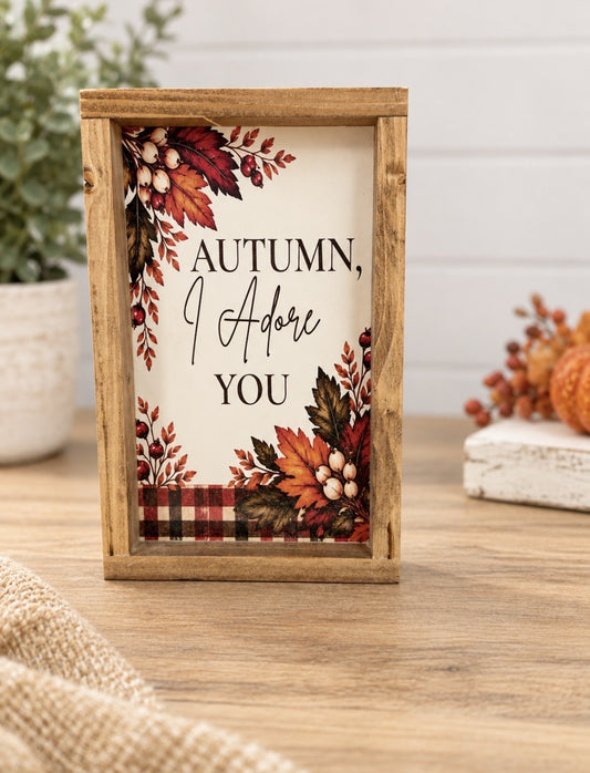 Autumn I Adore You framed fall wood sign with handpainted ivory background